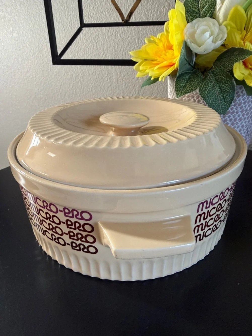 Vintage 1980’s Ceramic Covered Casserole - Cream with Purple Accent